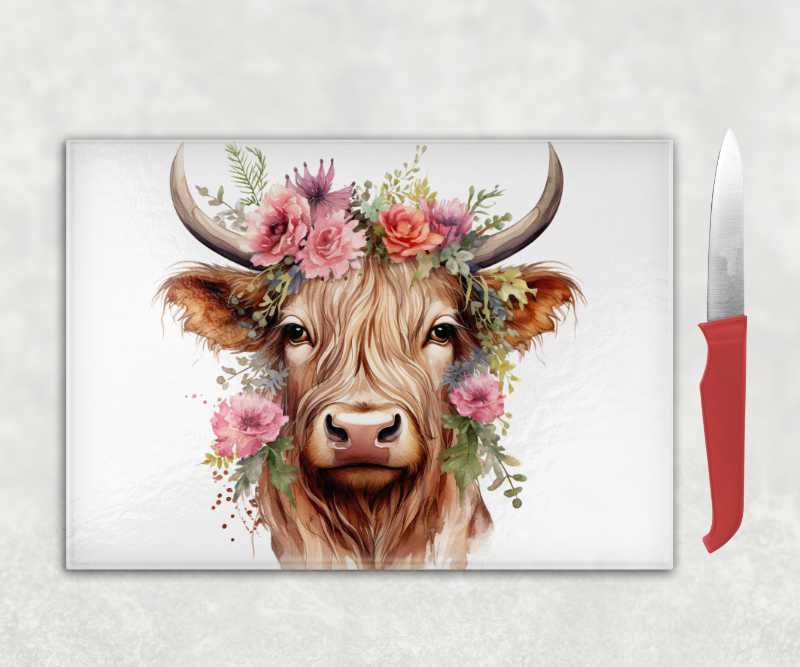 Boho Highland Cow with Pink Flowers Glass Chopping Board