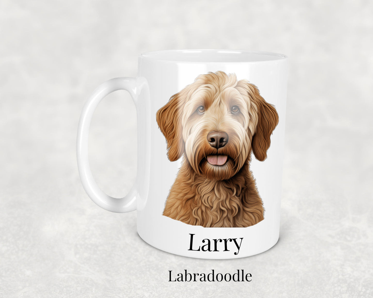 Labradoodle Mug - 11oz ceramic dog breed mug featuring a detailed Labradoodle illustration. Perfect gift for Labradoodle owners.
