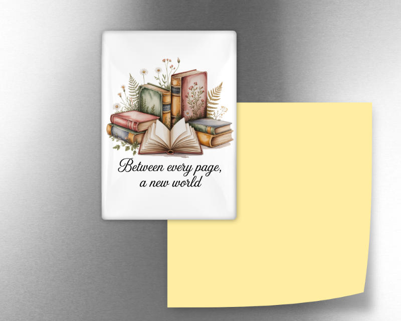 Between Every Page a New World Fridge Magnet – Gift for Book Lovers