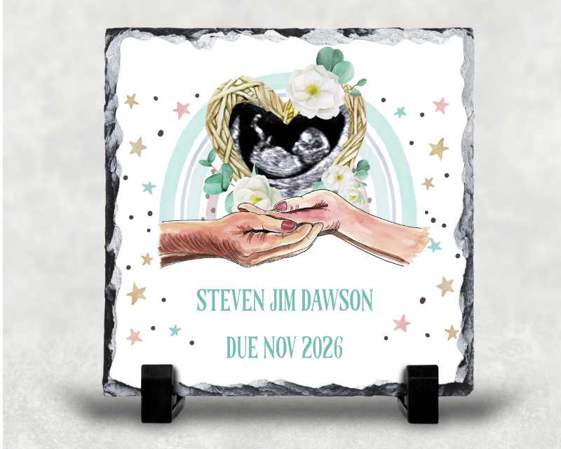 Personalised baby scan slate in blue for a boy, 20cm natural slate keepsake