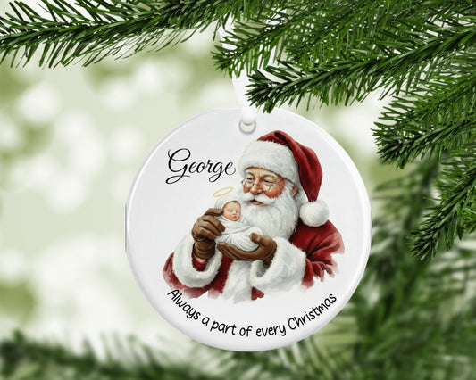 Personalised Always a Part of Every Christmas Baby Memorial Ornament — Santa cradling a sleeping baby with golden halo