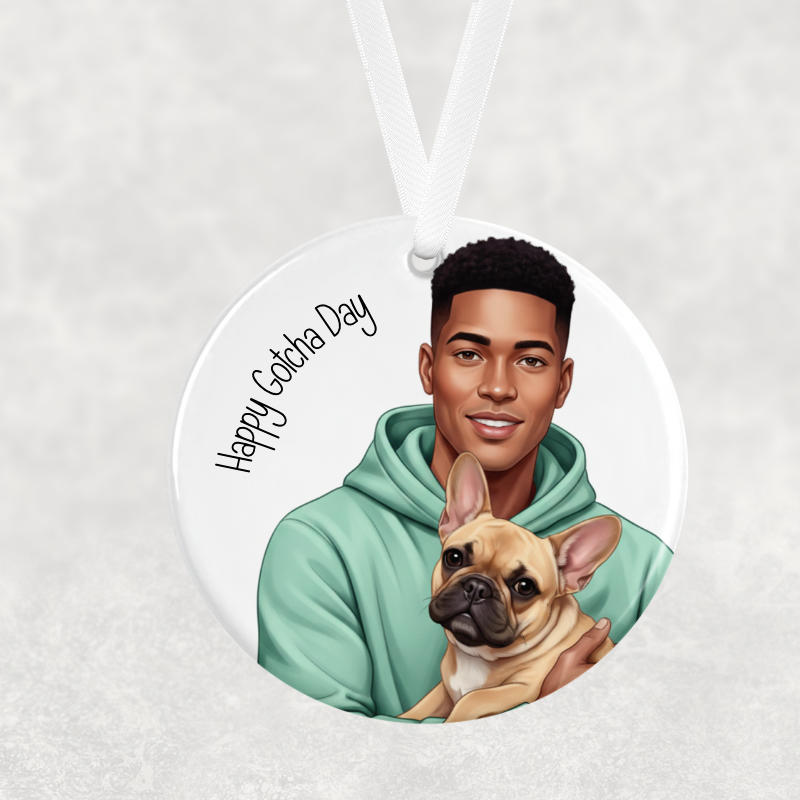 Happy Gotcha Day Hanging Ornament – Male & French Bulldog