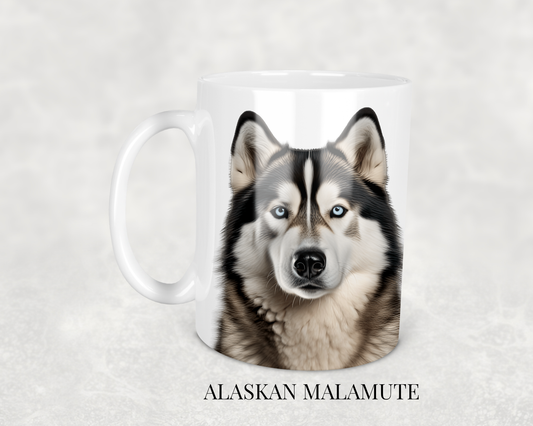 Alaskan Malamute dog illustration on white ceramic mug with realistic husky design
