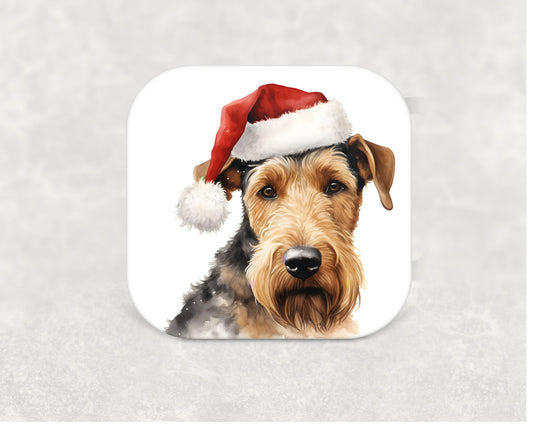 Cute Airedale Terrier in Santa hat coaster for dog lovers