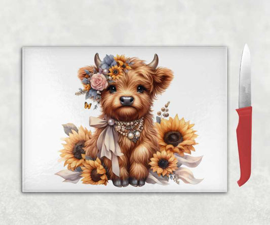 Baby Highland Cow with Sunflowers Glass Chopping Board