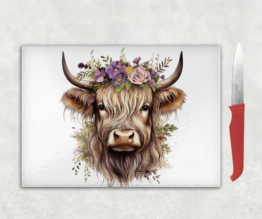 Boho Highland Cow with Lilac Flowers Glass Chopping Board
