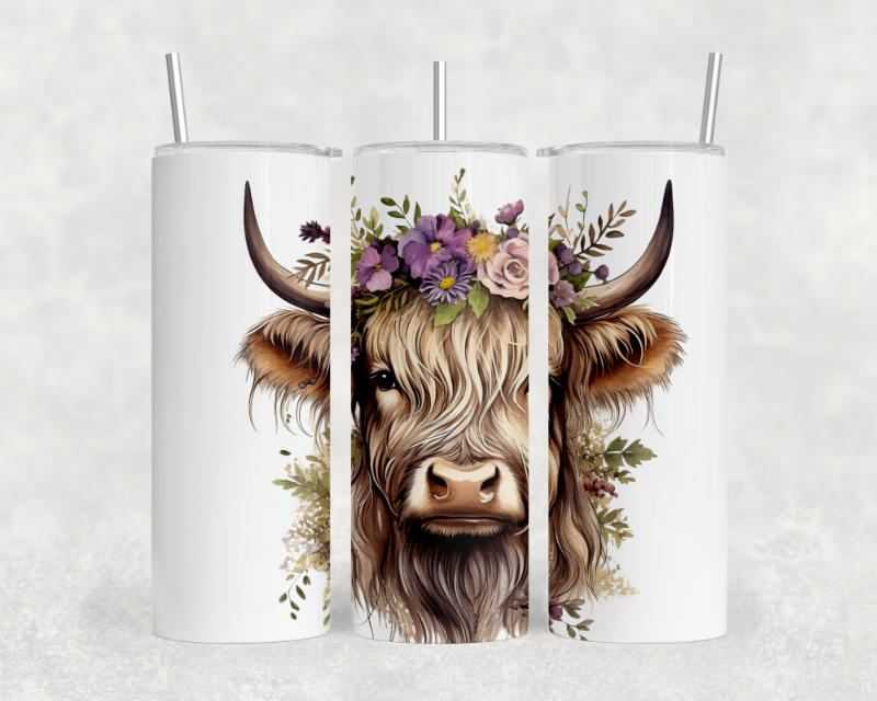 Boho Highland Cow with Lilac Flowers Tumbler