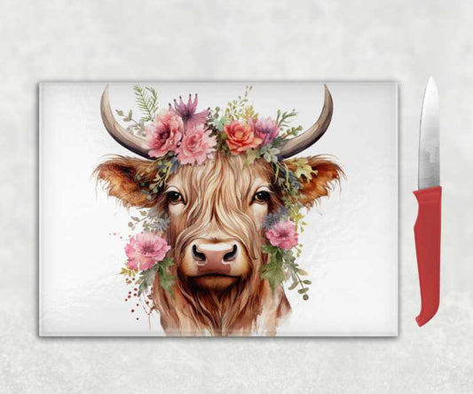 Boho Highland Cow with Pink Flowers Glass Chopping Board