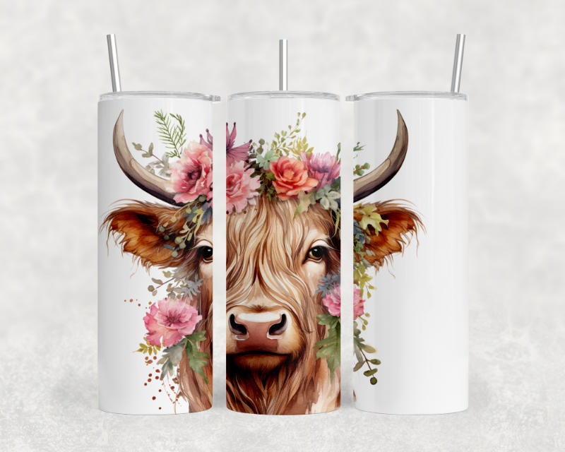 Boho Highland Cow with Pink Flowers Tumbler