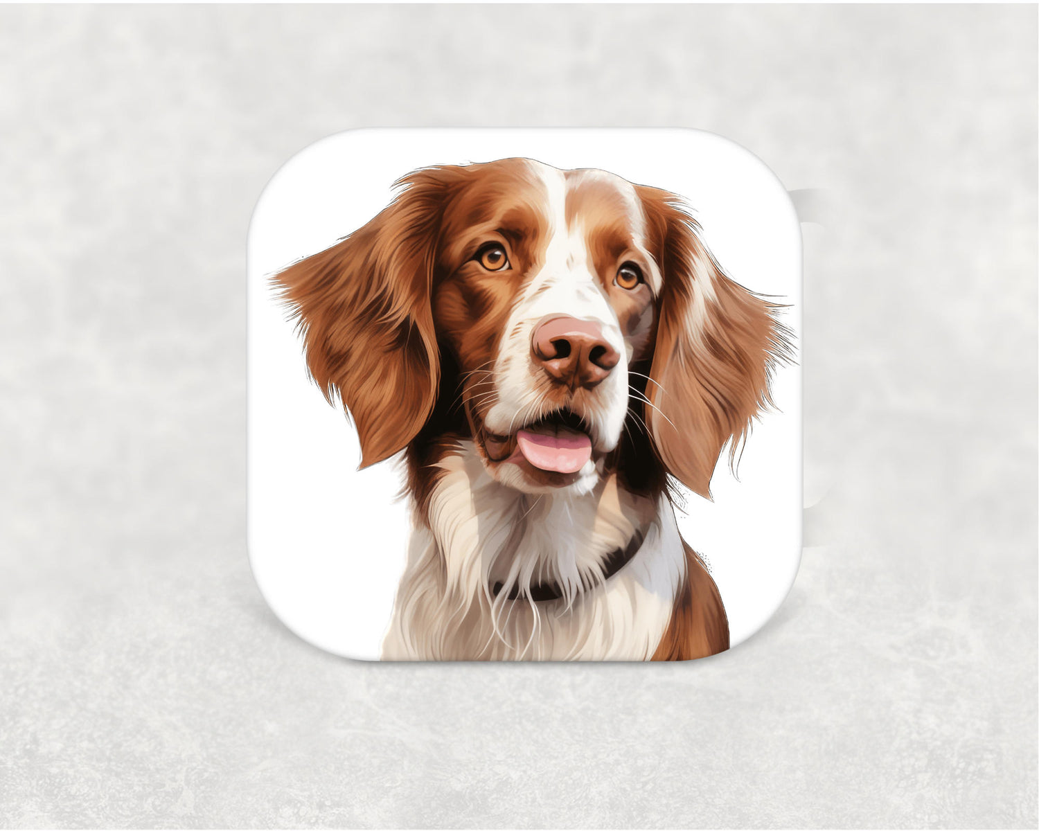 Brittany Coaster featuring a detailed illustration of an energetic and friendly Brittany dog on an MDF coaster with cork backing.