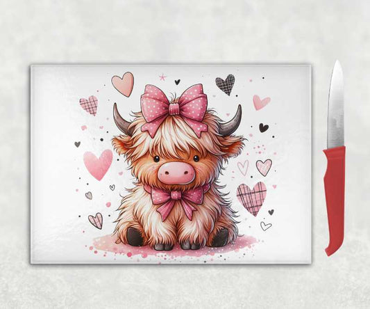 Cartoon Cow with Hearts Glass Chopping Board
