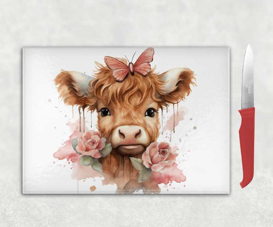 Highland Cow with Butterfly Glass Chopping Board