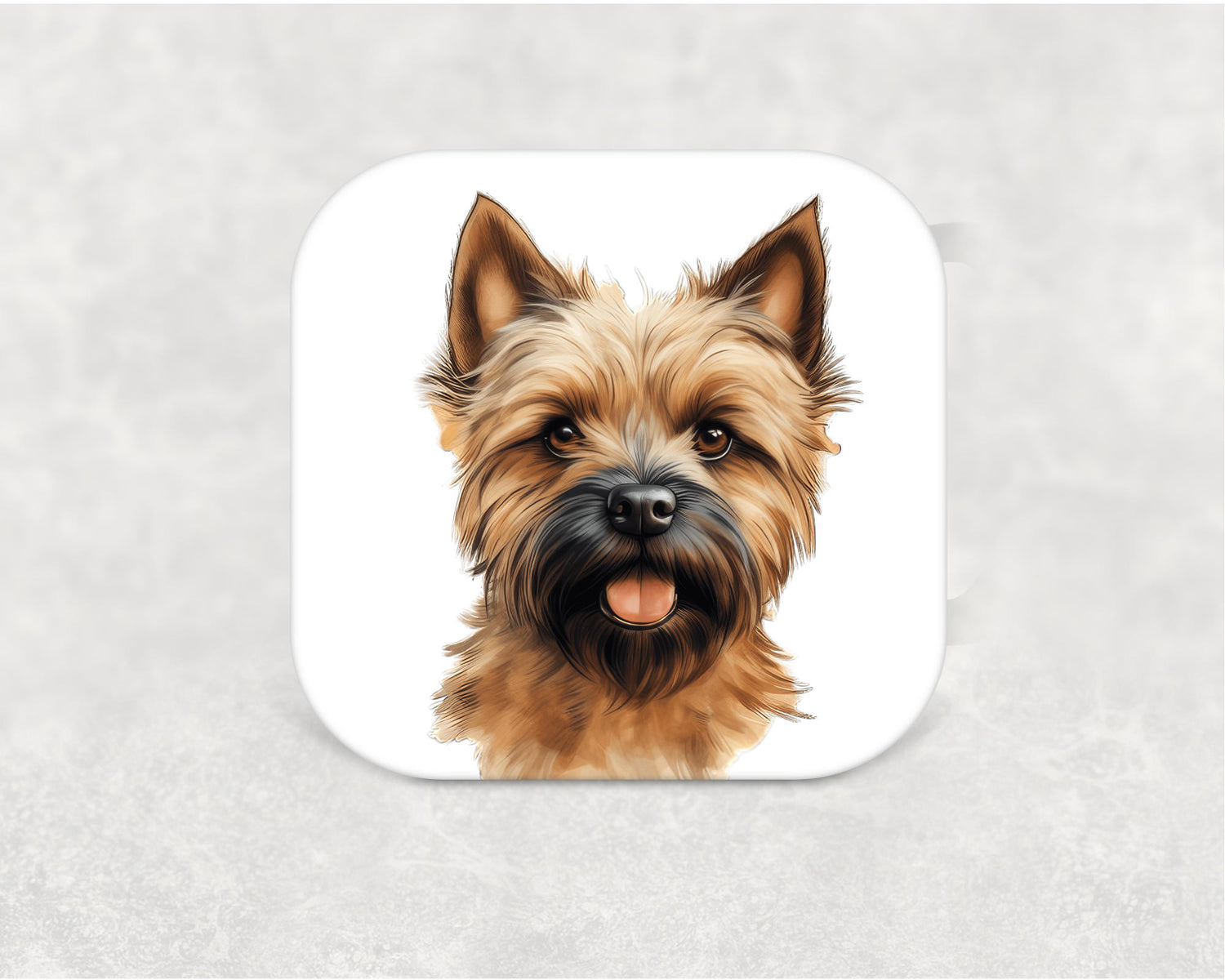 Cairn Terrier Coaster featuring a detailed illustration of a plucky and adventurous Cairn Terrier dog on an MDF coaster with cork backing