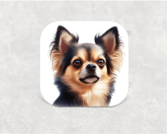 Chihuahua Long Hair Coaster - MDF dog breed coaster with cork backing featuring a detailed long-haired Chihuahua illustration. Perfect gift for Chihuahua owners."