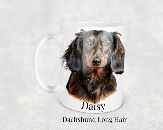 Long Haired Dachshund Dog Mug - 11oz ceramic mug featuring a Long Haired Dachshund illustration, perfect sausage dog gift for Dachshund owners"