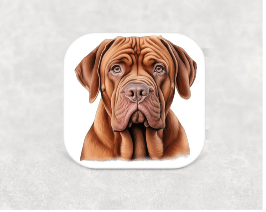 Dogue de Bordeaux Coaster featuring a detailed illustration of a powerful and devoted Dogue de Bordeaux dog on an MDF coaster with cork backing