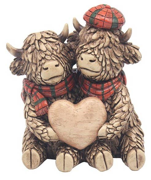 Double Hughie Highland Cow Figurines Holding Heart