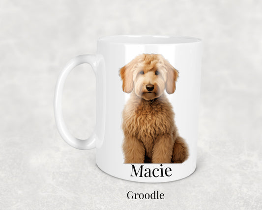 Groodle Mug - 11oz ceramic dog breed mug featuring a detailed Groodle illustration. Perfect gift for Groodle owners.