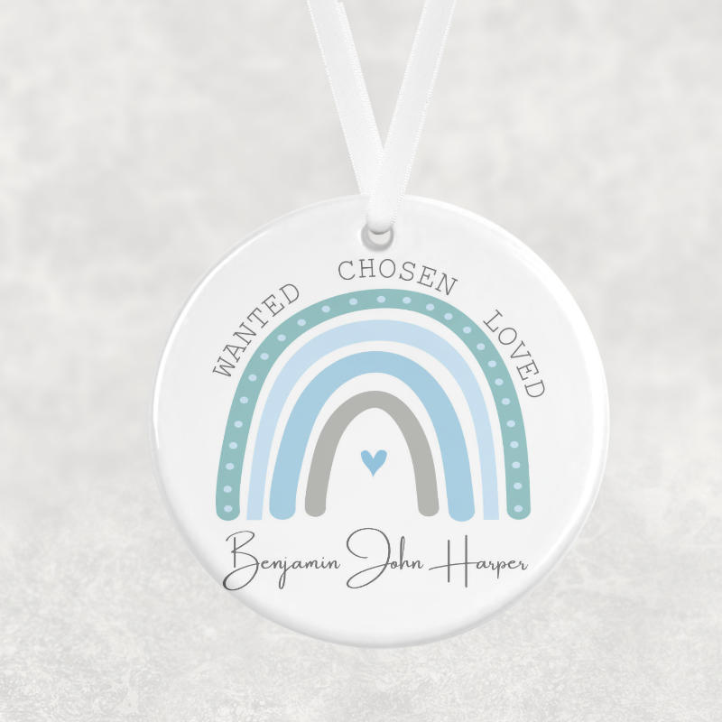 Wanted Chosen Loved – Personalised Adoption Celebration Ornament (Blue Mint Rainbow)