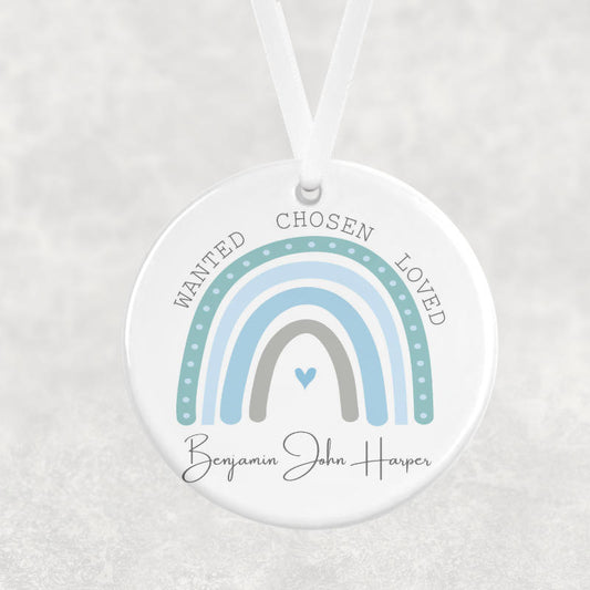 Wanted Chosen Loved – Personalised Adoption Celebration Ornament (Blue Mint Rainbow)