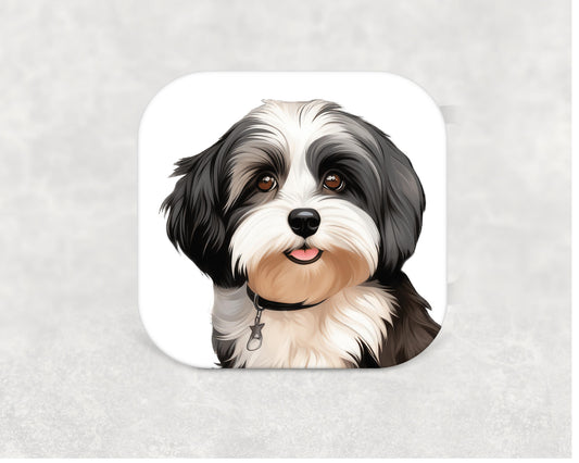 Havanese Coaster featuring a detailed illustration of a silky Havanese on an MDF coaster with cork backing.