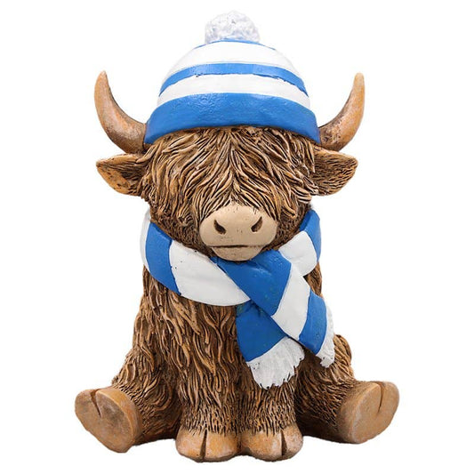 Highland Cow Ornament – Blue & White Scarf Gift