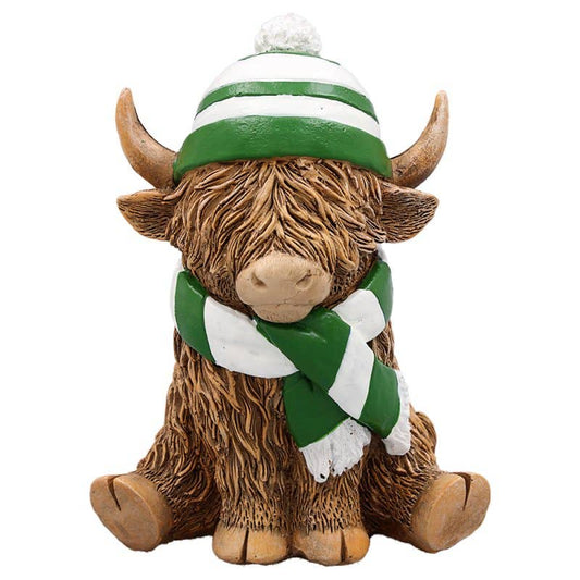Highland Cow with Green Scarf and Hat