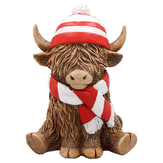 Highland Cow with Red Scarf and Hat