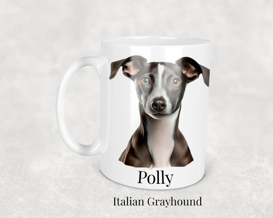 Italian Greyhound Mug - 11oz ceramic dog breed mug featuring a detailed Italian Greyhound illustration. Perfect gift for Italian Greyhound owners.