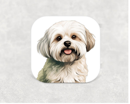 Maltese Coaster featuring a detailed illustration of an elegant white Maltese on an MDF coaster with cork backing