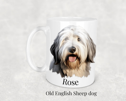 Old English Sheepdog dog mug - 11oz ceramic coffee cup featuring an Old English Sheepdog illustration. Great gift idea for OES fans."