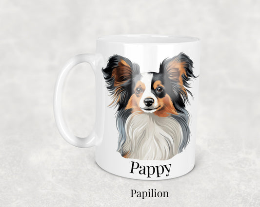 Papillon Mug - 11oz ceramic dog breed mug featuring a detailed Papillon illustration. Perfect gift for Papillon owners