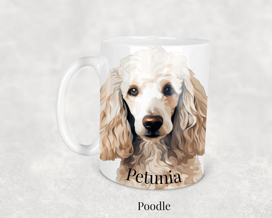 Poodle Mug - ceramic dog breed mug featuring a detailed Poodle illustration. Perfect gift for Poodle owners and dog lovers.