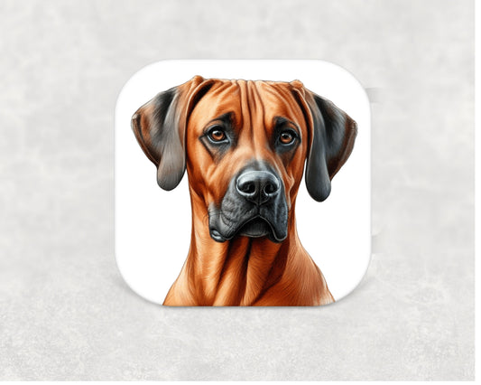 Illustrated Rhodesian Ridgeback dog on a square MDF coaster with cork backing — a great gift idea for Ridgeback owners
