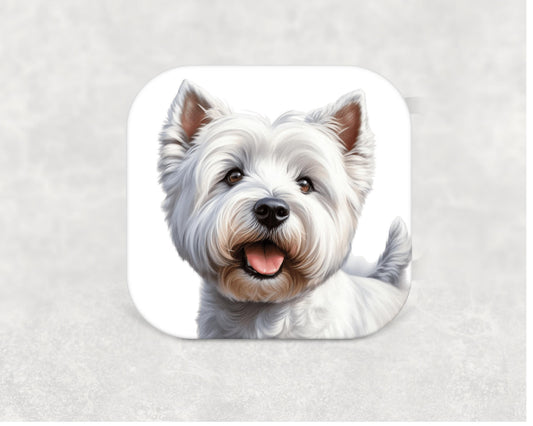 Illustrated West Highland White Terrier on a square MDF coaster with cork backing — a great gift idea for Westie owners