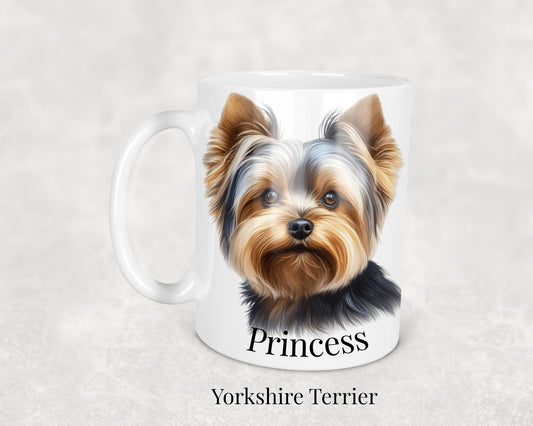 Yorkshire Terrier Mug - ceramic dog breed mug featuring a detailed Yorkshire Terrier illustration. Perfect gift for Yorkie owners and dog lovers."