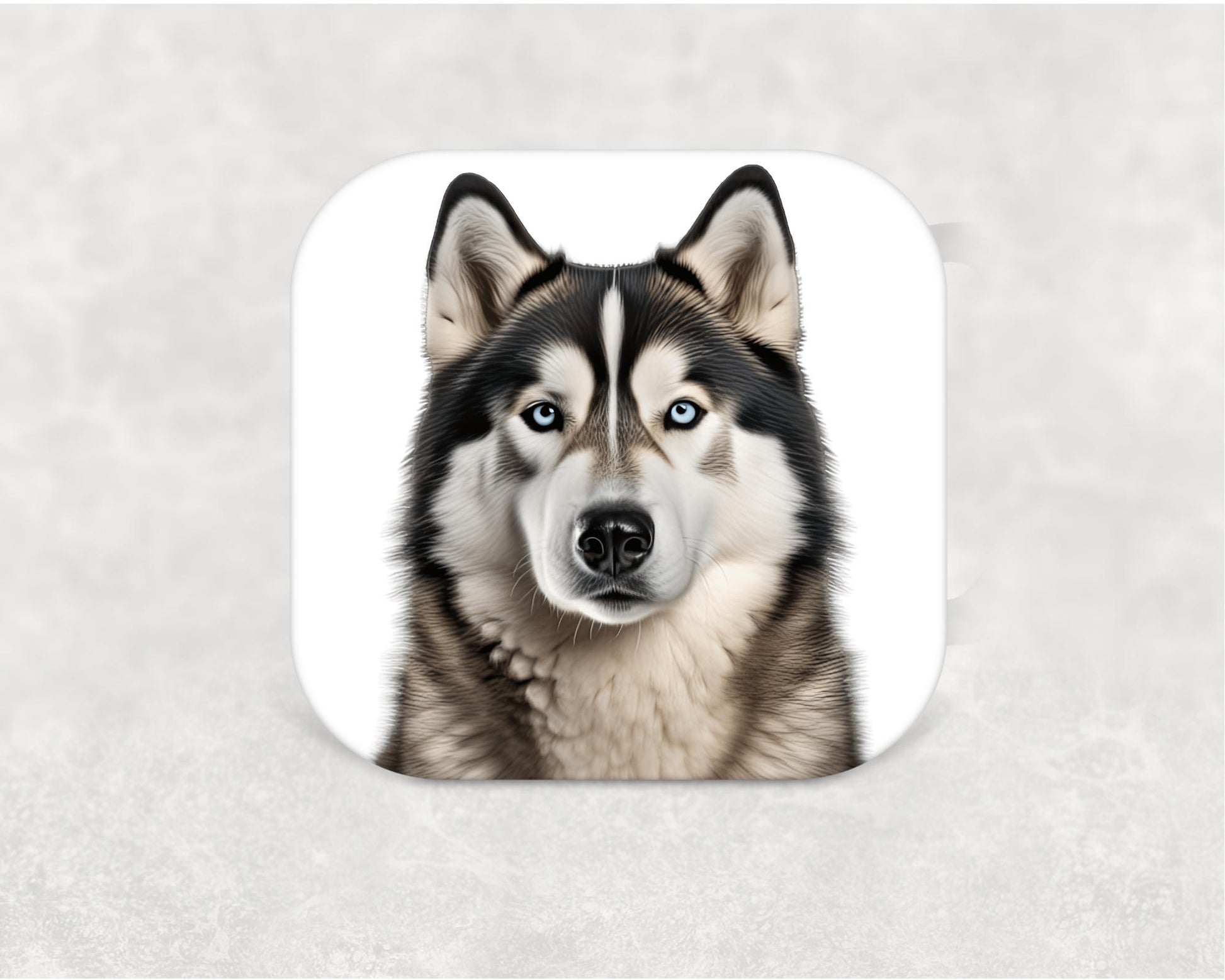 Alaskan Malamute Coaster featuring a detailed illustration of a powerful and loyal Alaskan Malamute dog on an MDF coaster with cork backing.