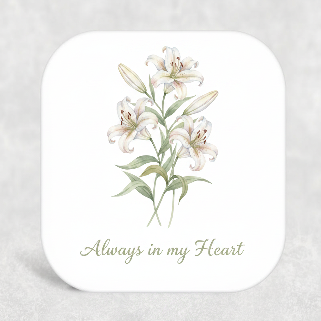 In Loving Memory – Always in my Heart White Lilies Coaster