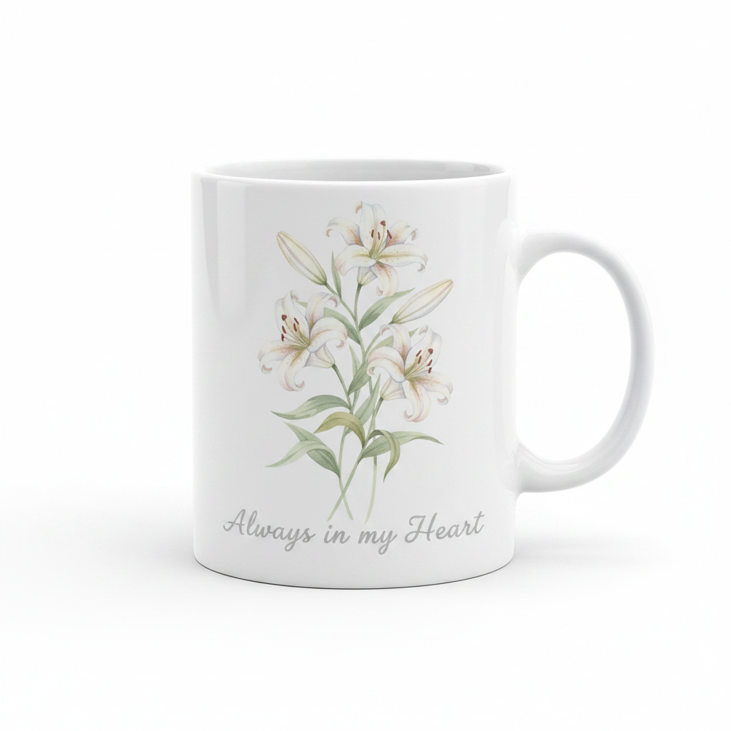 In Loving Memory – Always in my Heart White Lilies Mug