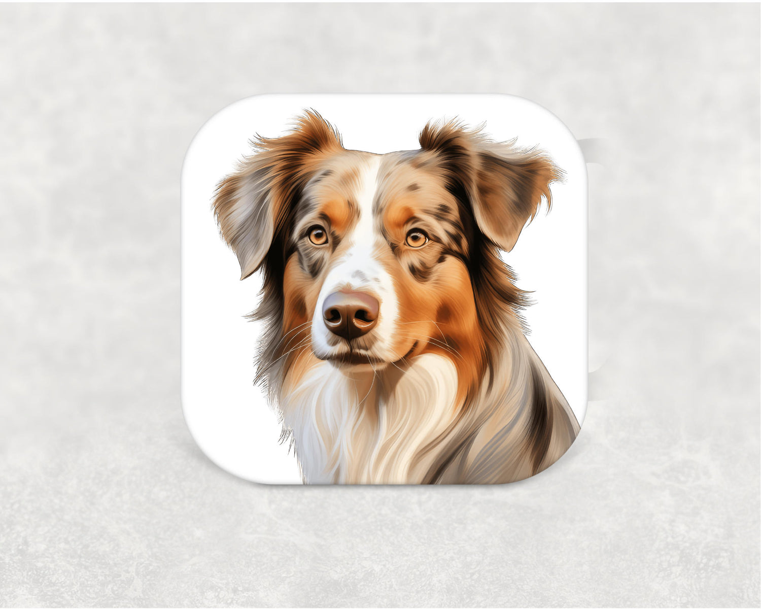 Australian Shepherd Coaster featuring a detailed illustration of an intelligent and energetic Australian Shepherd dog on an MDF coaster with cork backing