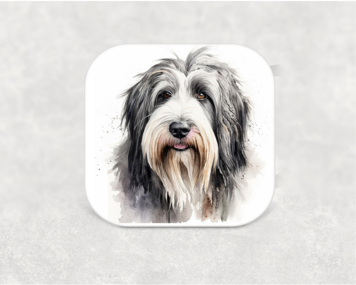 Bearded Collie dog coaster - MDF coaster with cork backing featuring a Bearded Collie illustration. Great gift idea for Bearded Collie fans.