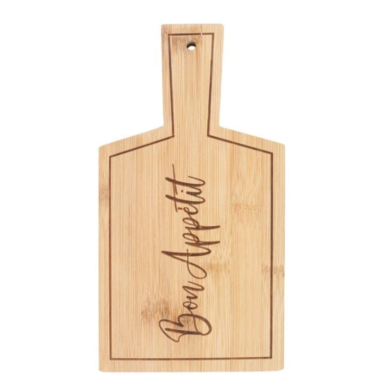 Bon Appétit bamboo serving board — natural bamboo with elegant engraved script, food safe kitchen 