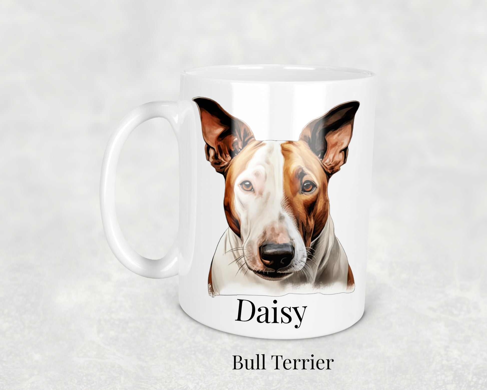 Bull Terrier Mug featuring a detailed illustration of a bold and spirited Bull Terrier dog