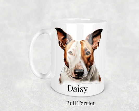 Bull Terrier Mug featuring a detailed illustration of a bold and spirited Bull Terrier dog
