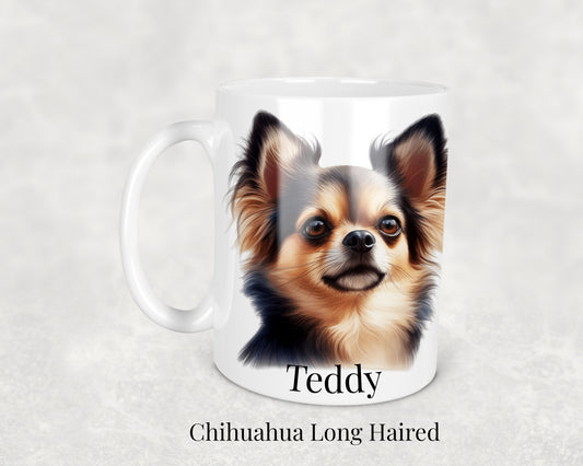 Chihuahua Long Hair Mug featuring a detailed illustration of a dainty and spirited Long Haired Chihuahua dog