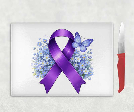Purple Ribbon Forget-Me-Not Glass Chopping Board – Meaningful Gift