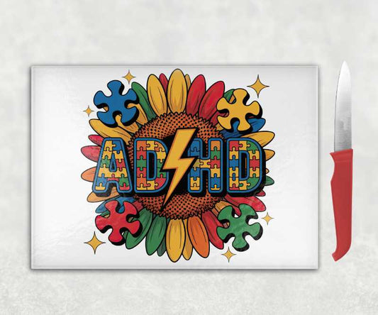ADHD Sunflower Puzzle Glass Chopping Board – Neurospicy Celebration Gift