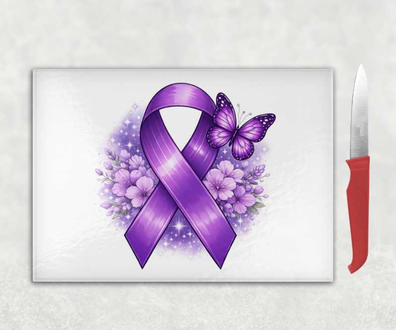 Purple Ribbon Butterfly Glass Chopping Board – Fibromyalgia Meaningful Gift