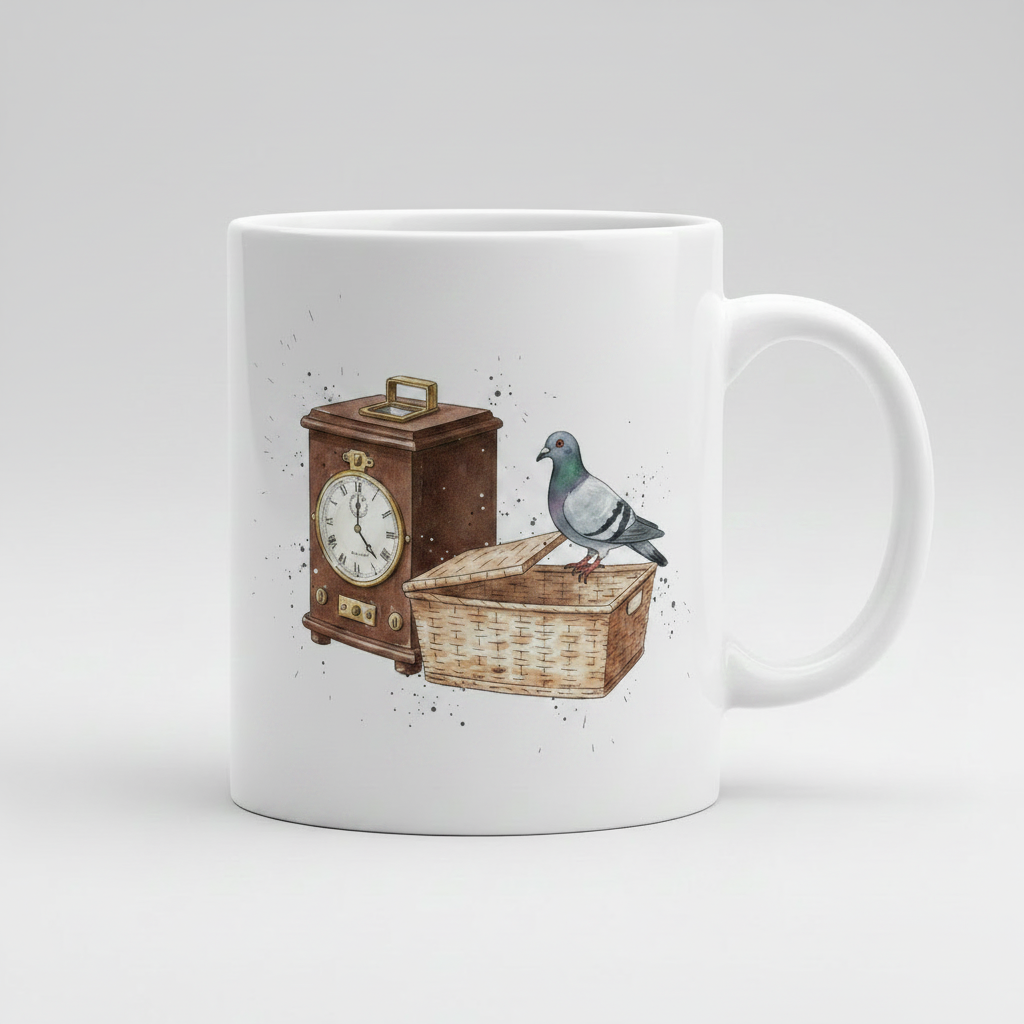 Clock, Basket & Pigeon Mug