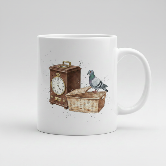 Clock, Basket & Pigeon Mug